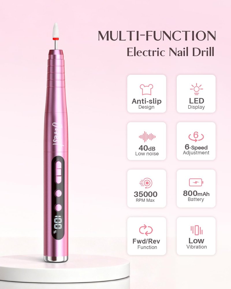 JOREST 13-in-1 Cordless Electric Nail Drill Kit - 35,000 RPM Rechargeable Manicure Tool | LED Display, Rose Pink
