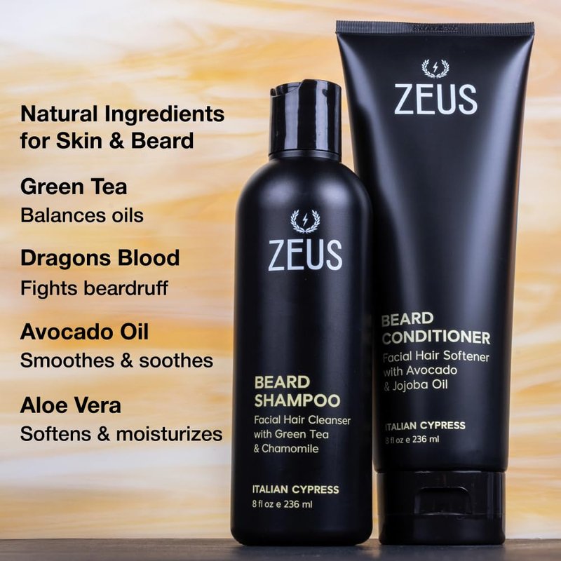 ZEUS Beard Wash Set for Men, Shampoo & Conditioner Duo with Green Tea, Chamomile & Essential Oils to Hydrates, Softens & Strengthens Facial Hair and Skin (Made in USA) Italian Cypress