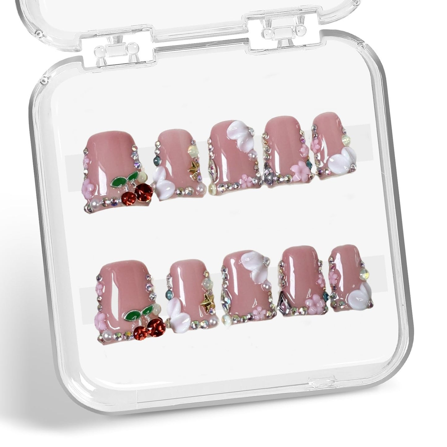 Colorful 3D Flower Press-On Nails - Handmade Thick Acrylic Full Cover | White French Tip (Medium)