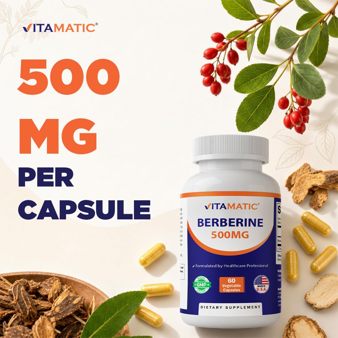 Vitamatic Berberine Supplement 500mg - 60 Vegetable Capsules - Made in the USA - Gluten Free - Non-GMO (3 Bottles)