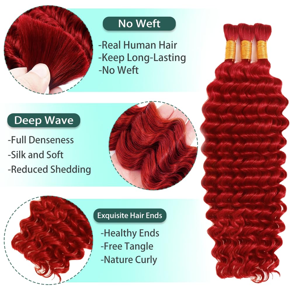 Red Boho Hair for Braiding Deep Wave Bulk Human Hair for Braiding 26 26 26 Inch No Weft Red Deep Wave Bulk Bohemian 3 Bundles