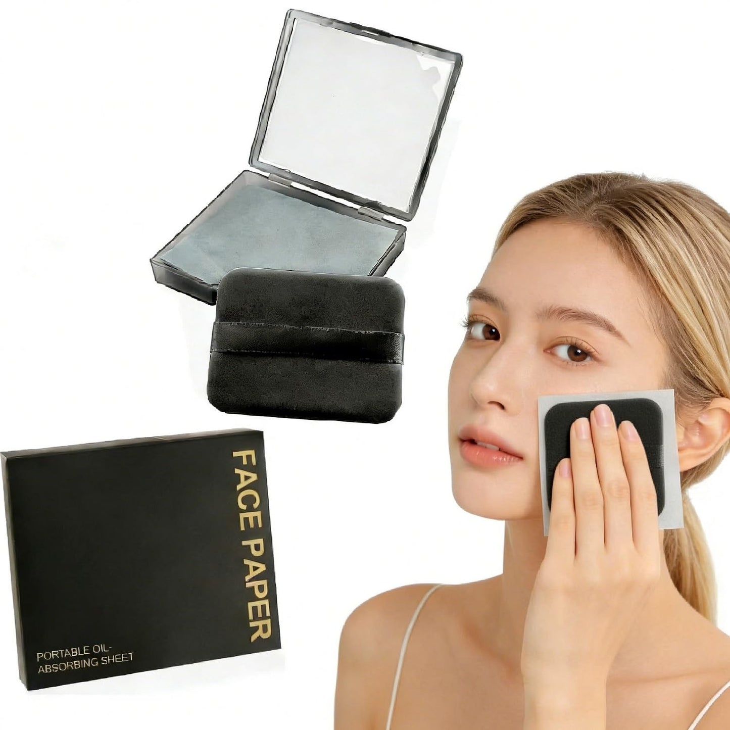 EKIND Black 3 in 1 Oil Blotting Paper Set with Mirror and Adhesive Makeup Puff, Facial Portable Matte Control for Oily Skin Travel Compact (100 Sheets Oily Absorbing Pads)