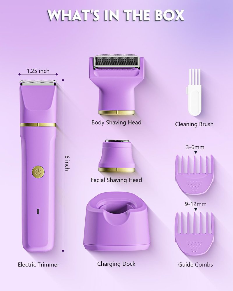 Bikini Trimmer for Women, Tiovara Painless Electric Razors Shaver IPX7 Waterproof Cordless Body Hair Trimmer Pubic Hair Removal with USB Charge Dock for Underarm Leg Arm Body Face Silk Skin (Purple)