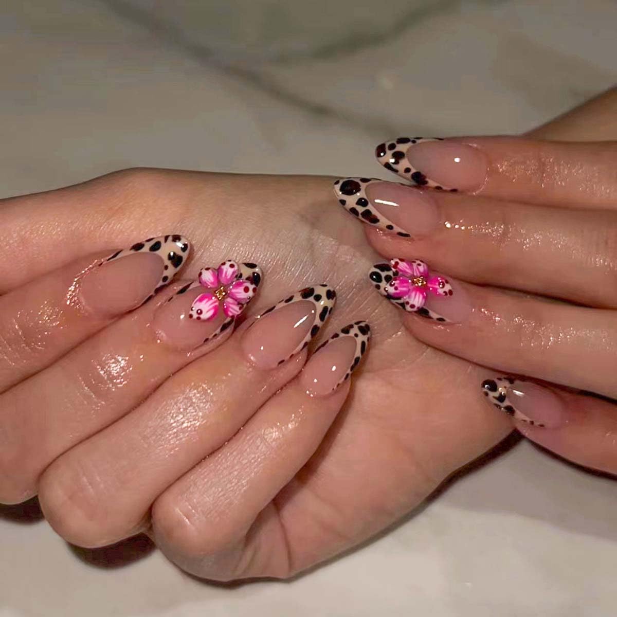 Almond Yellow French Tip Press-On Nails - Ladybug & Green Leaves Design | Reusable Full Cover 24 Pcs for Spring/Summer Manicure