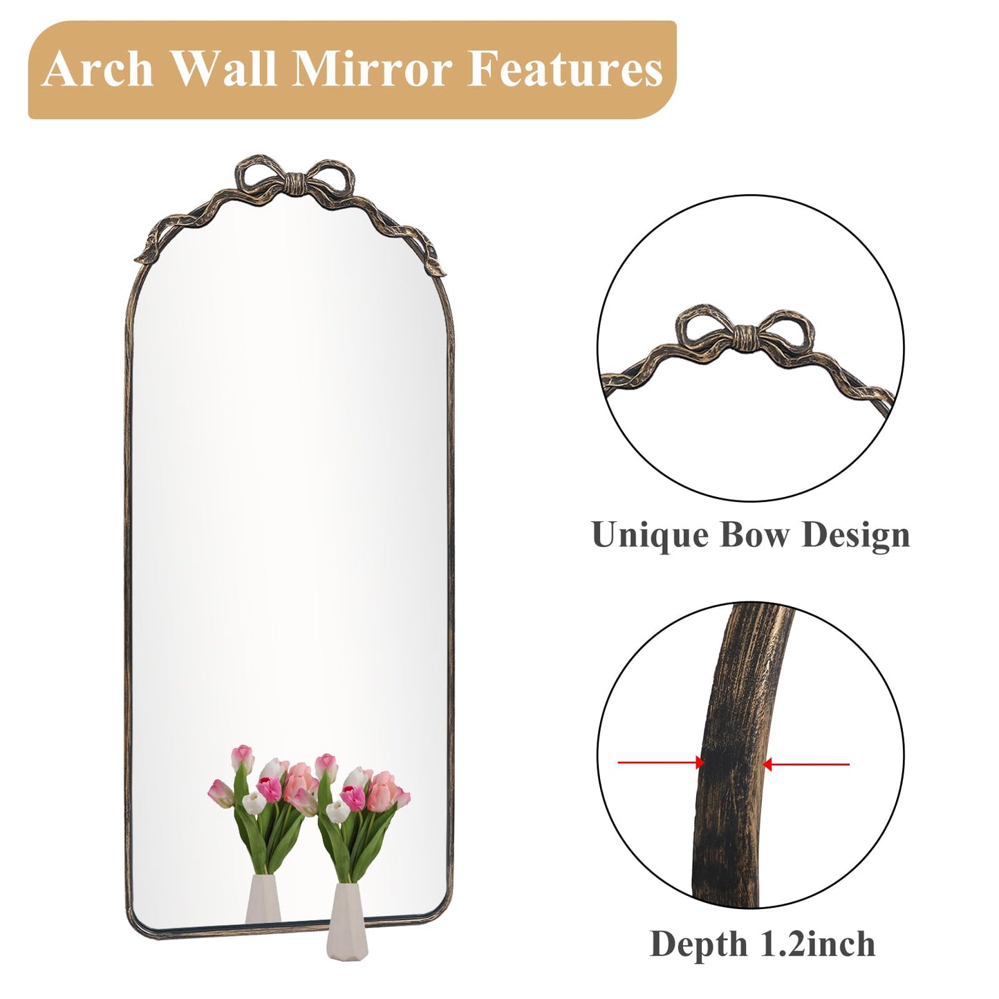 YIDIE Black Bow Metal Round Mirror -22x55inch Elegant Wall-Mounted Vanity Decorative Mirror for Bedroom, Bathroom, Living Room