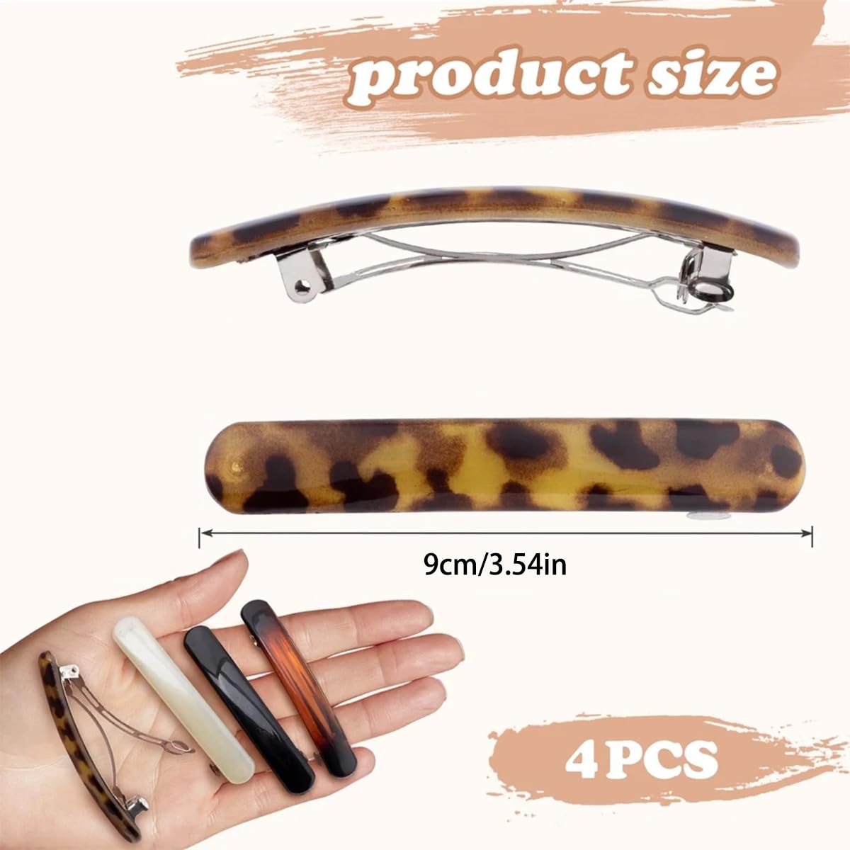 4PCS Tortoise Shell Hair Clips for Women, Oval Classic French Hair Barrettes, Curved Glossy Hair Accessories for Women Thick Long Hair