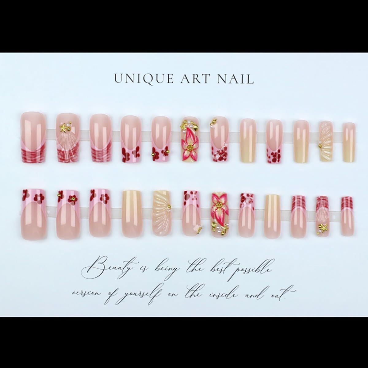 Press On Nails - 24Pcs Long Square 3D Pink Flower & Rhinestone Designs | Beach-Inspired Acrylic French Tips