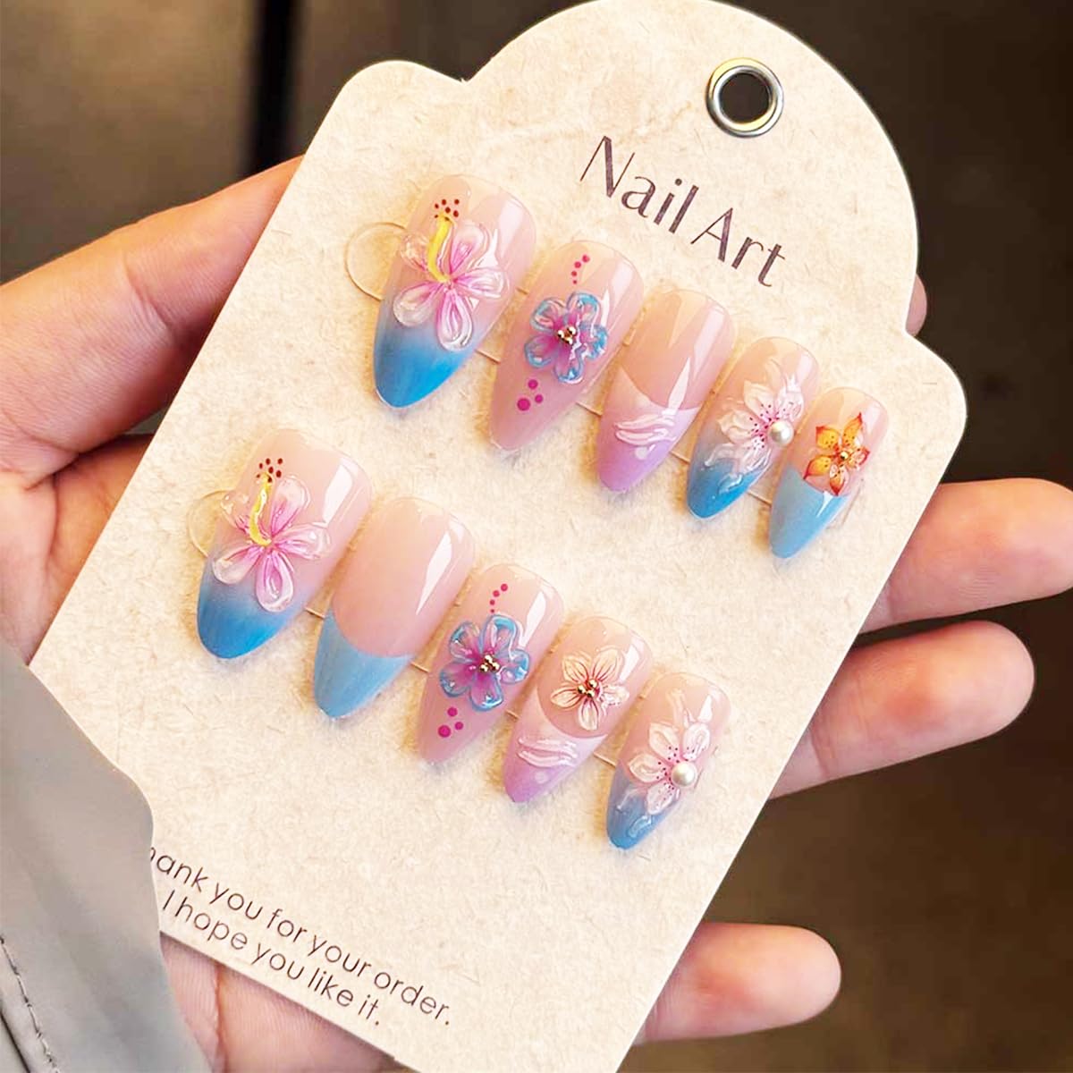 3D Flower Press-On Nails - Medium Almond French Tip with Rhinestones | Tropical Floral Design in Pink & Blue Gradient, Reusable Full Cover for Women