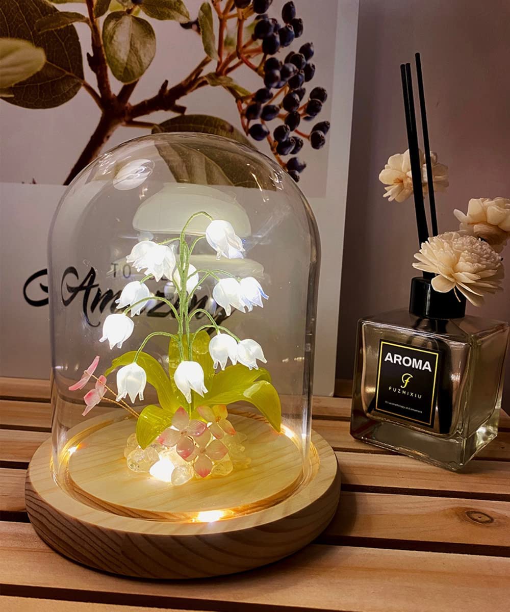 Nynelly 3.54" D X 4.33" H Clear Glass Dome Cloche with Natural Wood LED Lights Base, Display Bell Jar Ornament，Countertop Bell Jar Display Dome Clear Glass Display Case Deco