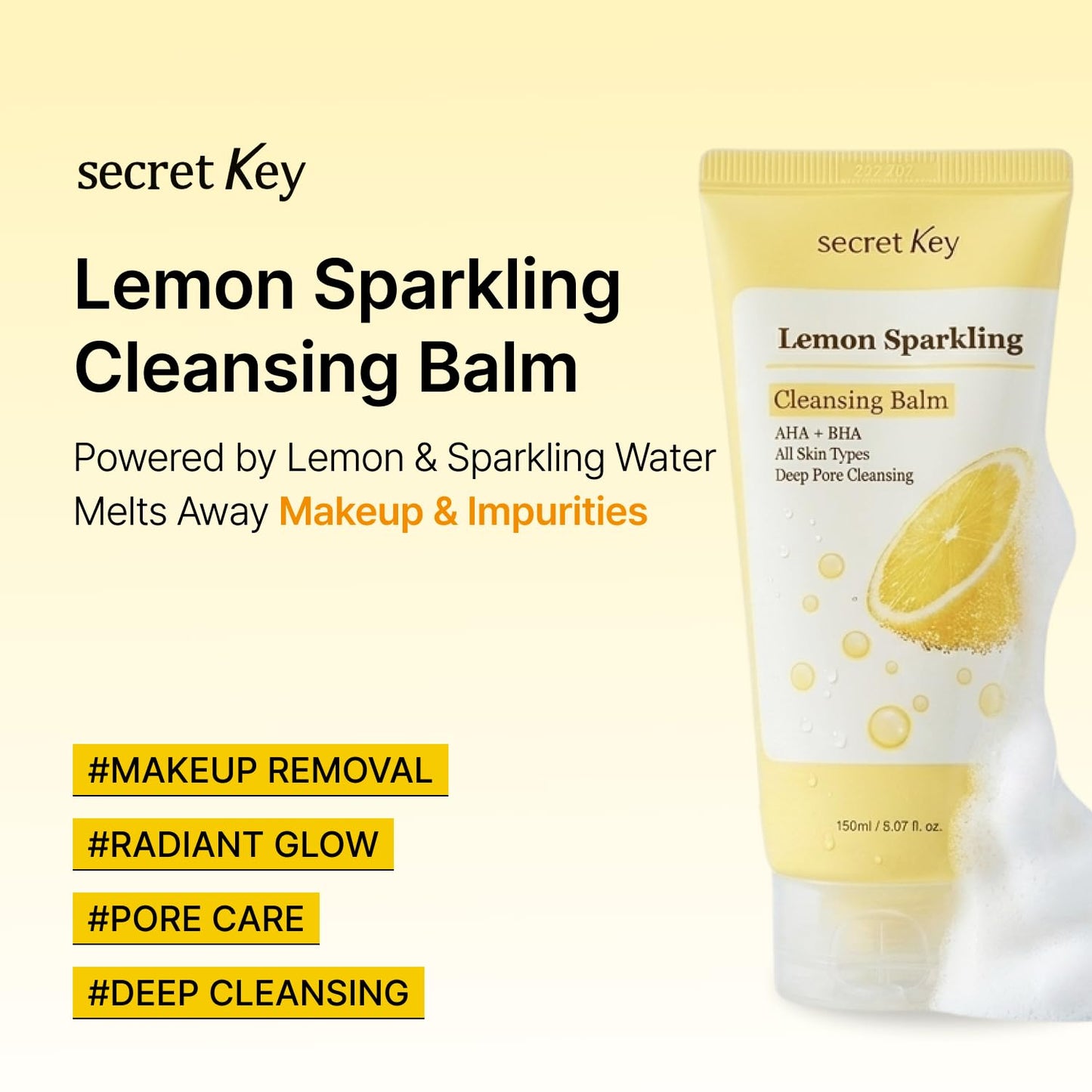 SECRETKEY Lemon Sparkling Cleansing Balm, Lemon Extract with AHA & BHA, Gentle Exfoliating and Hydrating Makeup Remover, Helps Cleanse Pores and Remove Impurities, Korean Skincare (5.07 fl oz / 150ml)