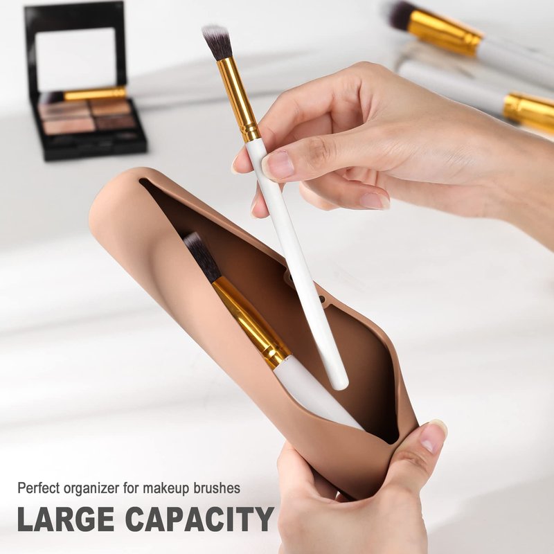 FVION Travel Makeup Brush Holder, Silicone Foundation Brush Pouch with Magnetic Closure, Make up Brush Case Fit for Extra Size Brushes - Brown