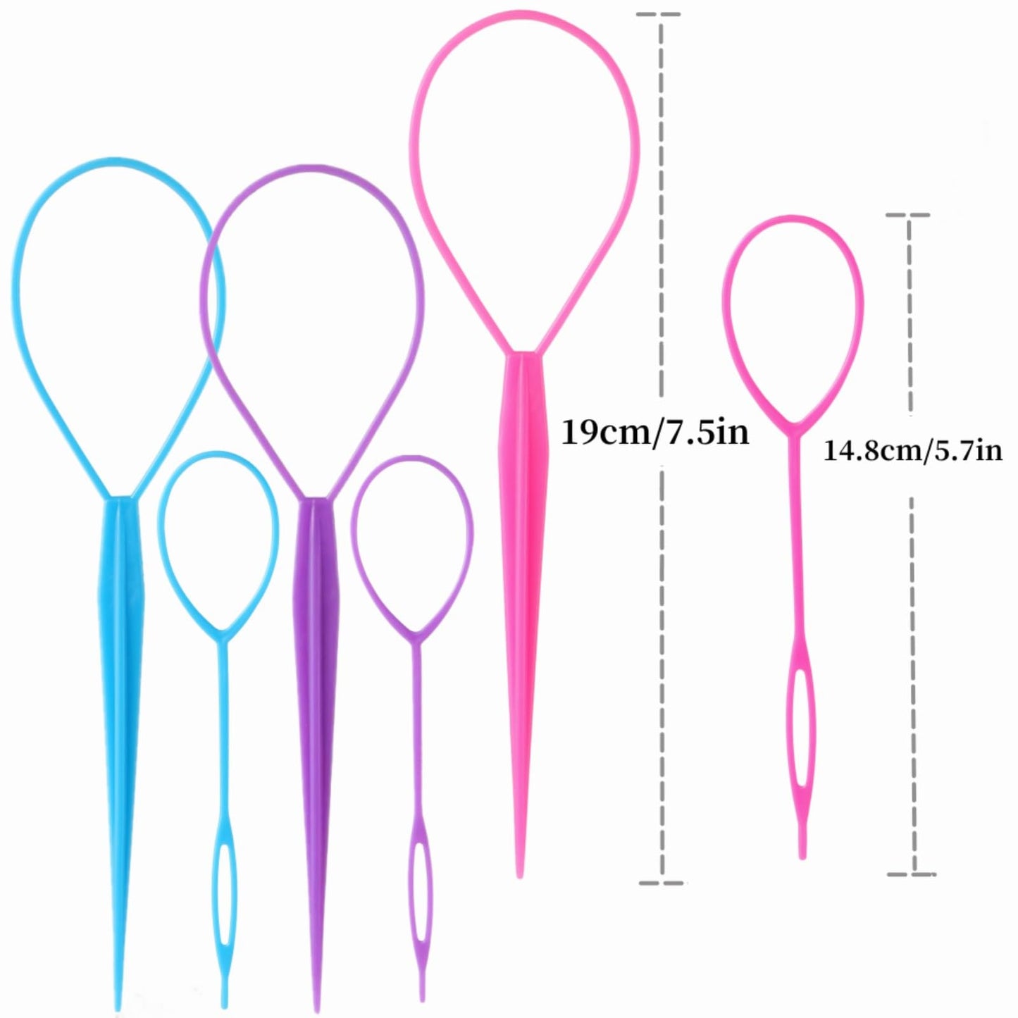 Schembo Topsy Tail Hair Tool Set - 6pcs Loop Styling Tool, Ponytail Pull Through, Two Sizes, 3 Colors (Pink/Purple/Blue) for Women, Girls & Kids