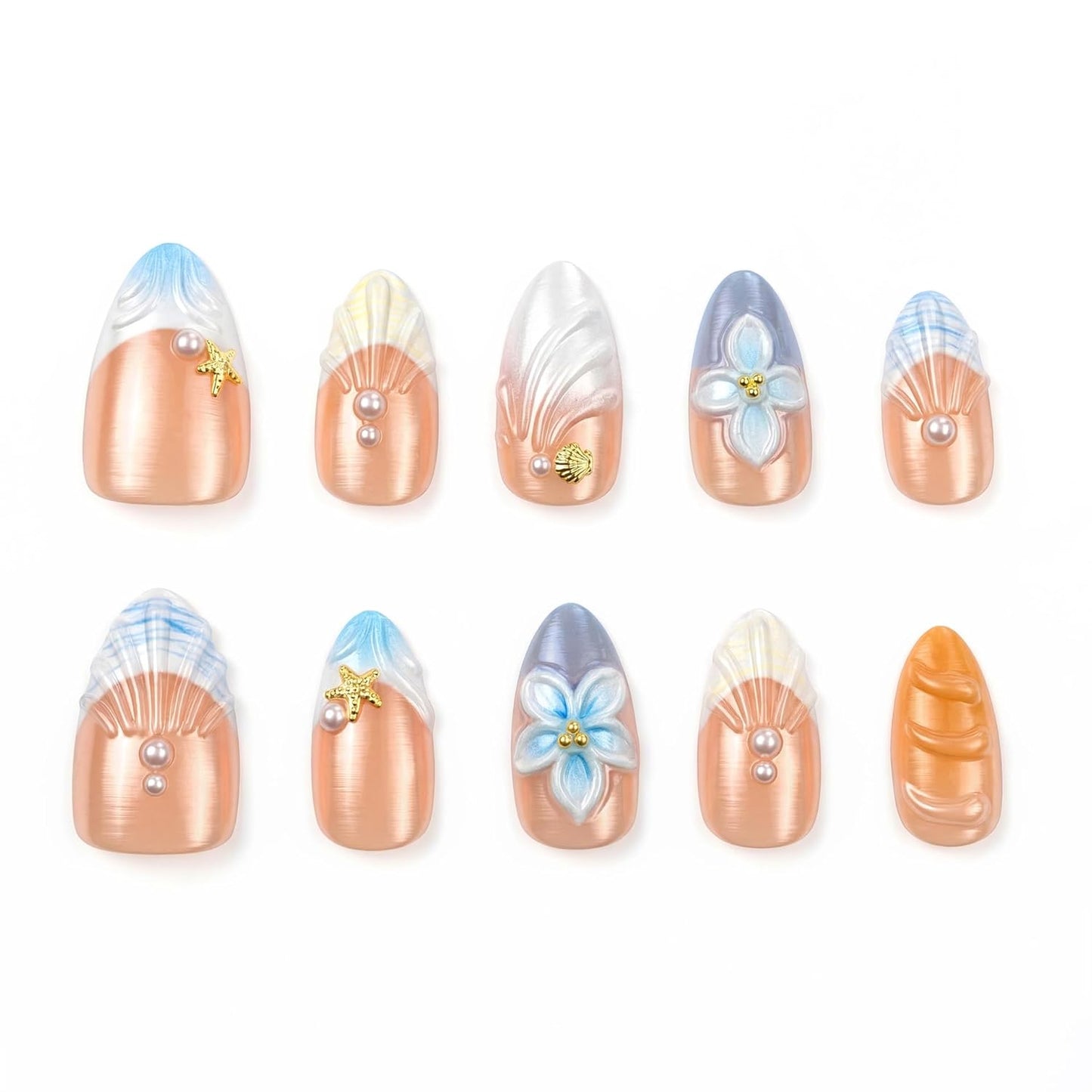 Press On Nails - Short Almond French Tip with Blue 3D Flowers | Glossy Acrylic Beach Designs for Women