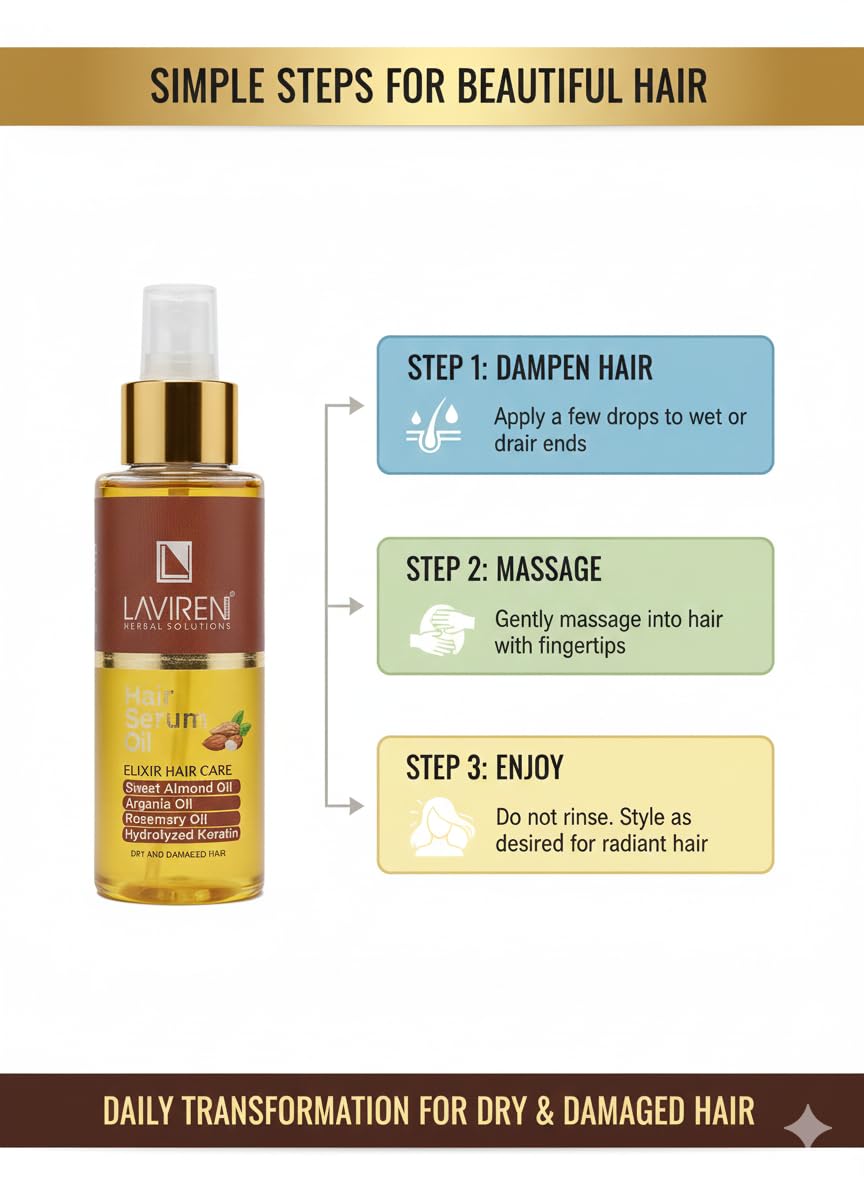 LAVIREN Elixir Hair Care Oil with Sweet Almond, Argania, Rosemary and Hydrolyzed Keratin for Dry and Damaged Hair Treatment