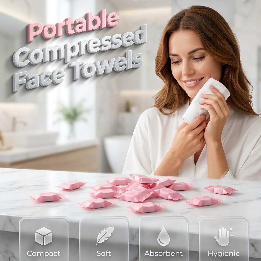 Compressed Towels 100 PCS, Compressed Towel Tablets, Disposable Compressed Face Towels, Expandable Cotton Coin Tissues for Travel, Camping, Gym, Outdoor & Daily Use (1pcs)