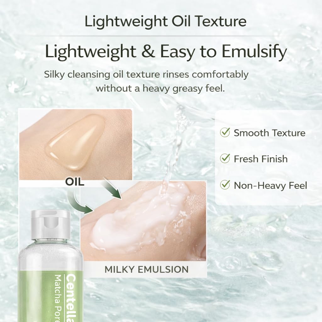 Matcha Centella Cleansing Oil for Face, Korean Facial Cleanser with Matcha Extract, Lightweight Cleansing Oil for Makeup and Daily Face Wash, Hydrating Skin Care for Pore Care and Fresh Feeling