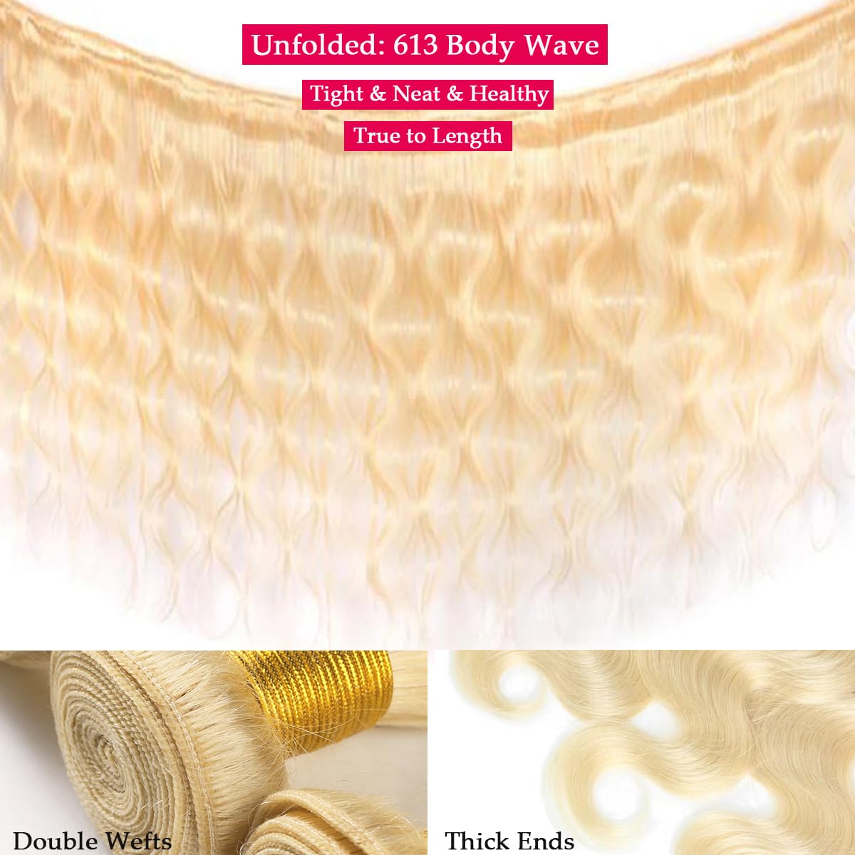 Blonde Bundle Human Hair Body Weave 613 Bundles 24 Inch 100% Unprocessed Brazilian Virgin Remy Sew In Hair Extensions 100g Full and Thick Can Be Dyed Or Restyled