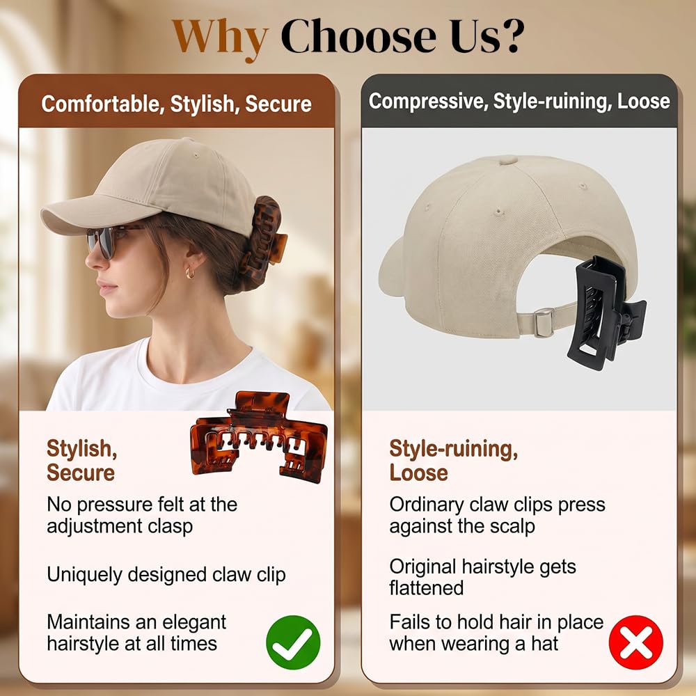 Claw Clips for Baseball Caps - 5 PCS Tortoise Shell Hair Clips for Women | Non-Slip Strong Hold (Black)