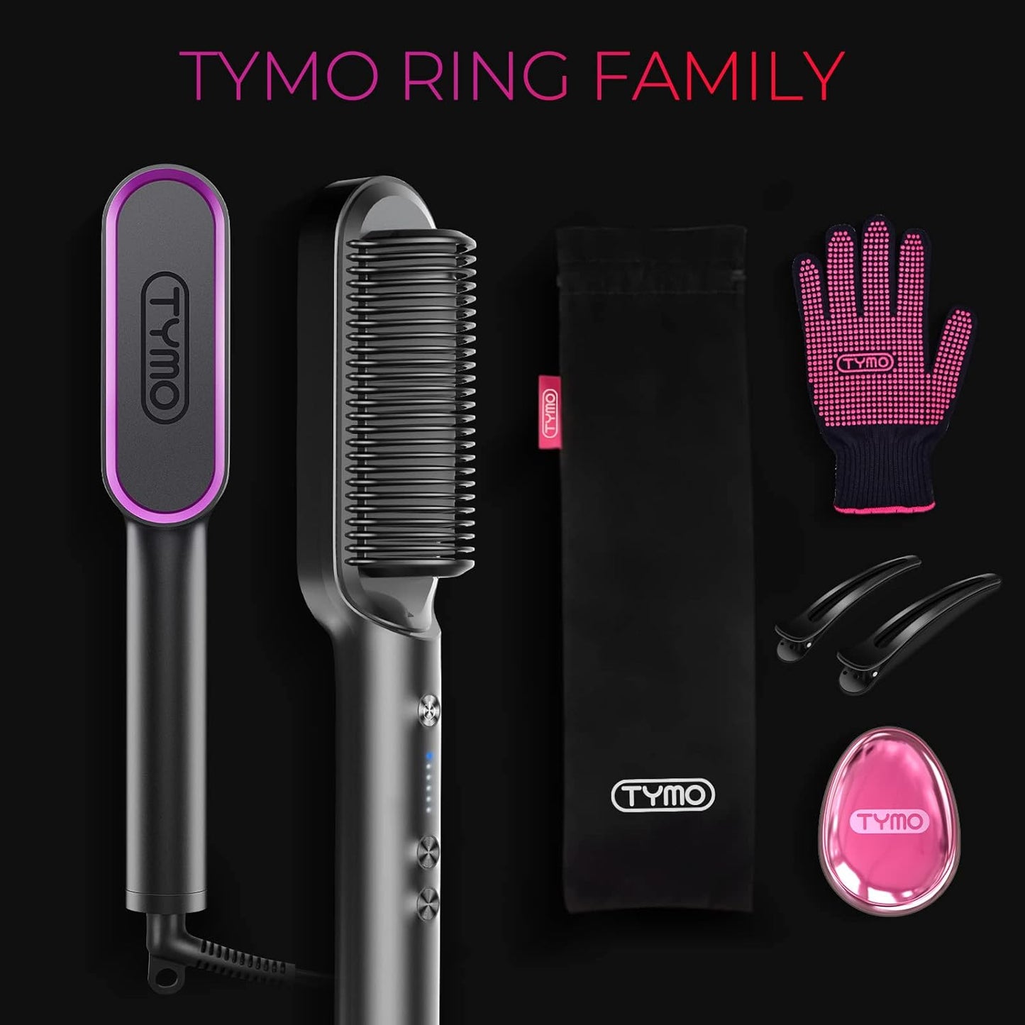 Hair Straightener Brush - TYMO Ring Comb for Women | 5 Temperature Settings, Fast Heating in 20 Seconds, Dual Voltage, Black