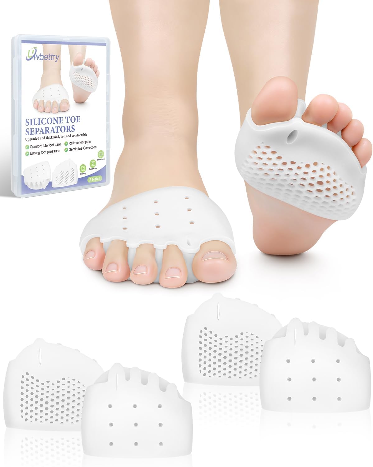Silicone Toe Separators for Bunion Relief - Soft, Breathable Forefoot Pads | 2 Pairs for Men & Women