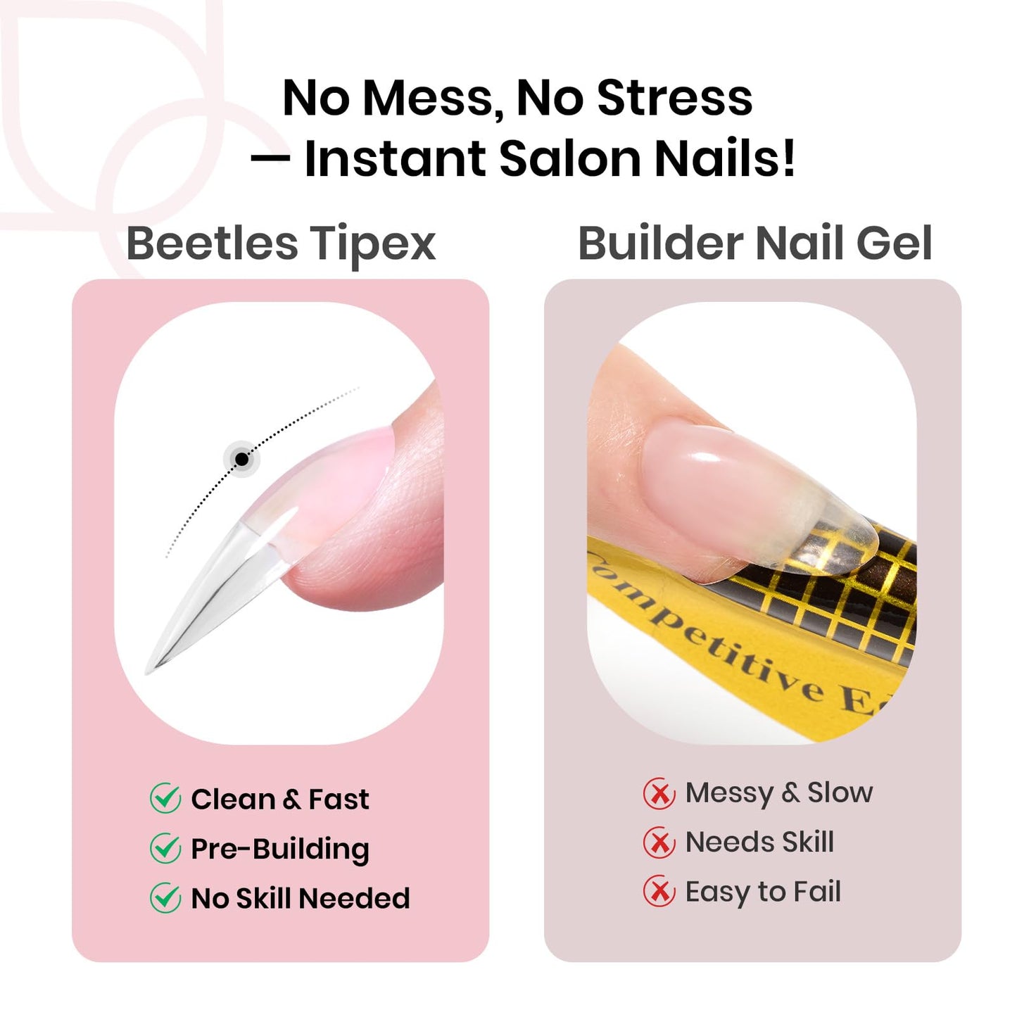 Beetles Tipex Instant Apex Nail Tips, Medium Stiletto, 16 Sizes 00–14, 192pcs, No Builder Gel Required, Thicker Strong Acrylic Tips for DIY Salon-look Extensions