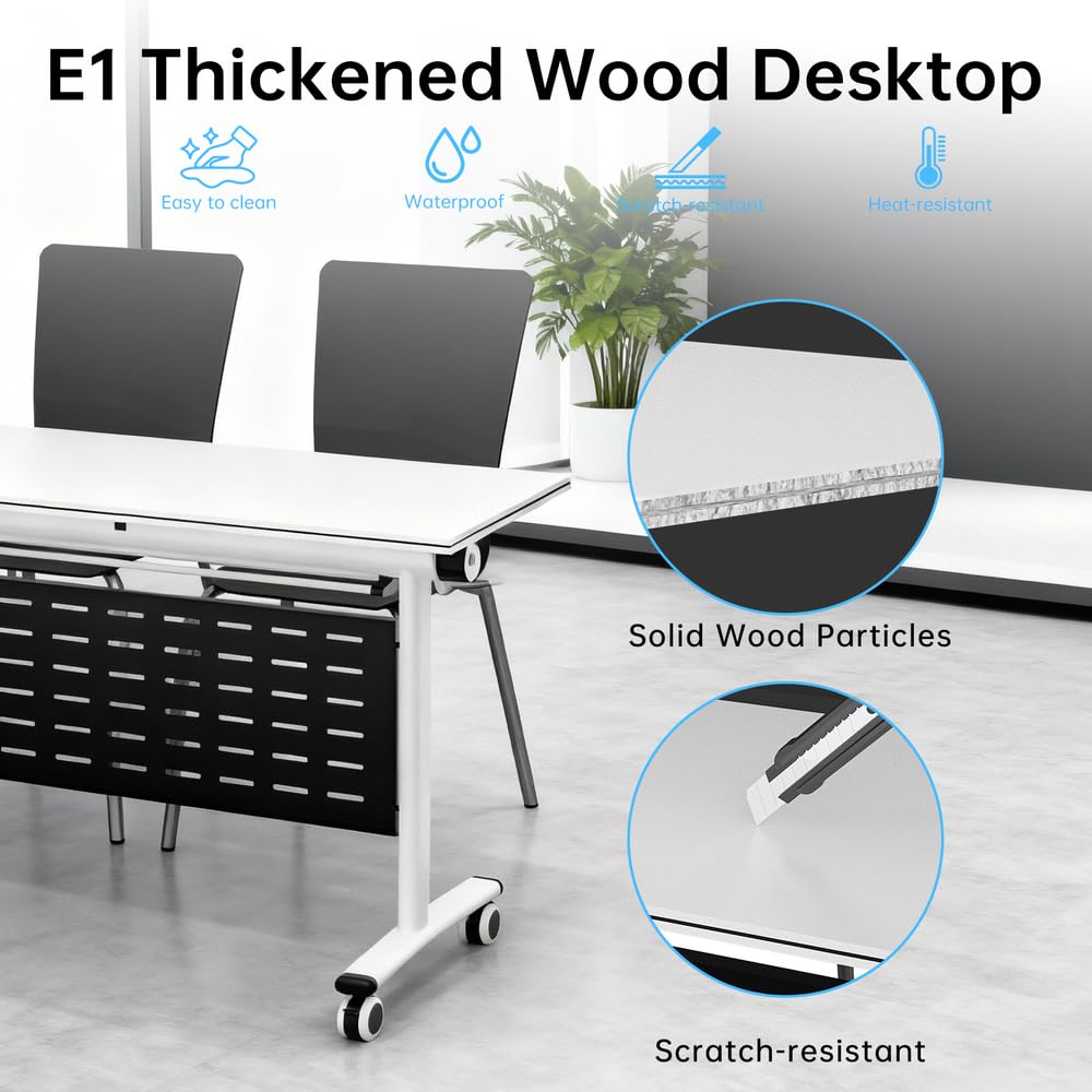 Jyrvonxex Foldable Conference Room Table,Modern Large Mobile Meeting Table with Storage Shelf,Modular Flip-Top Seminar Tables Desk with 360° Silent Wheels for Home Office and Training Classroom,White,