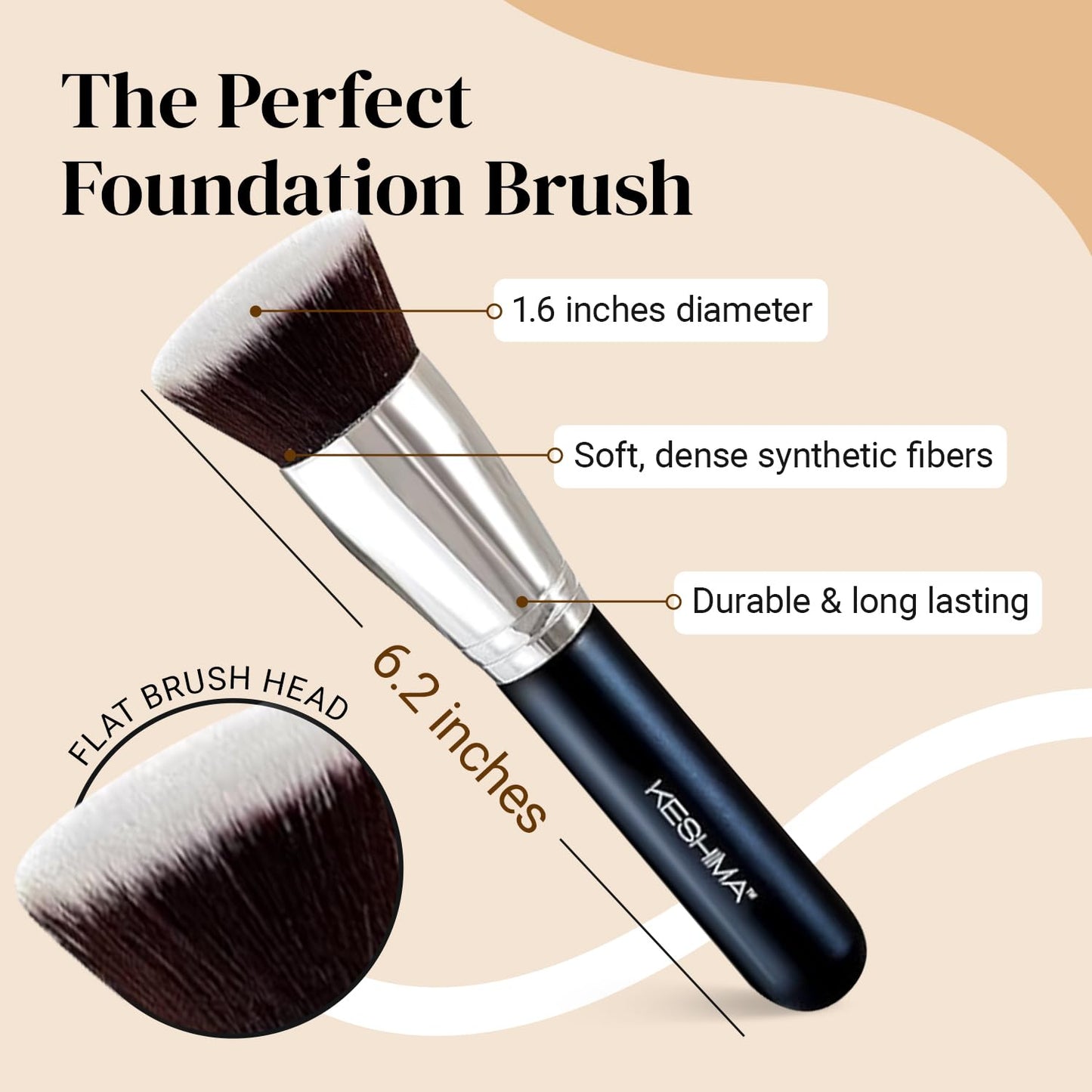Keshima Large Flat Top Kabuki Foundation Brush - Premium Makeup Brush for Liquid, Cream & Powder | 1.6" Top Diameter