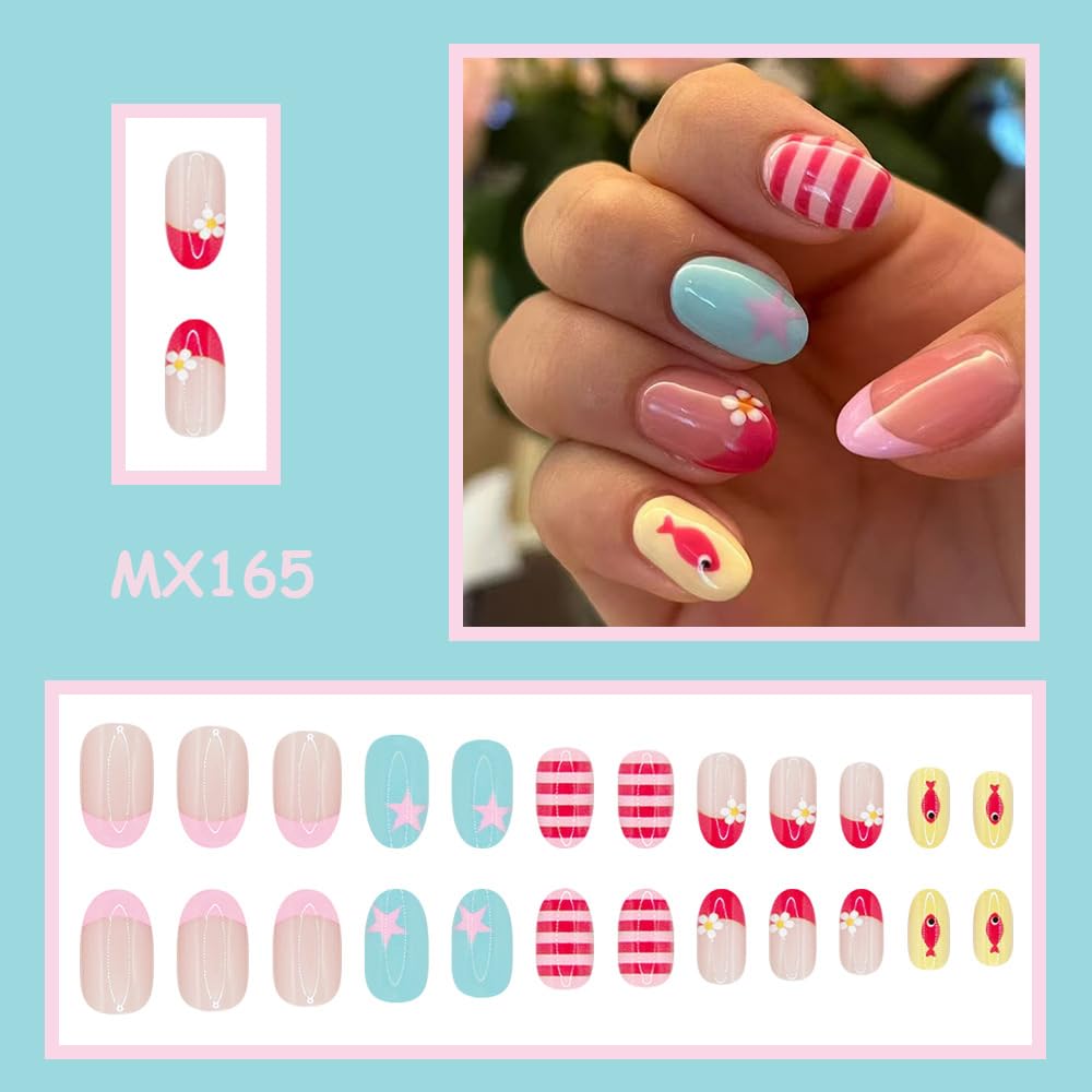 Summer Press on Nails Medium Oval Fake Nails French Tip False Nail with Designs Striped | Cute Fish | Star | Flower,Cute Reusable Glue on Nail Full Cover Stick on Nails for Women Manicure 24Pcs