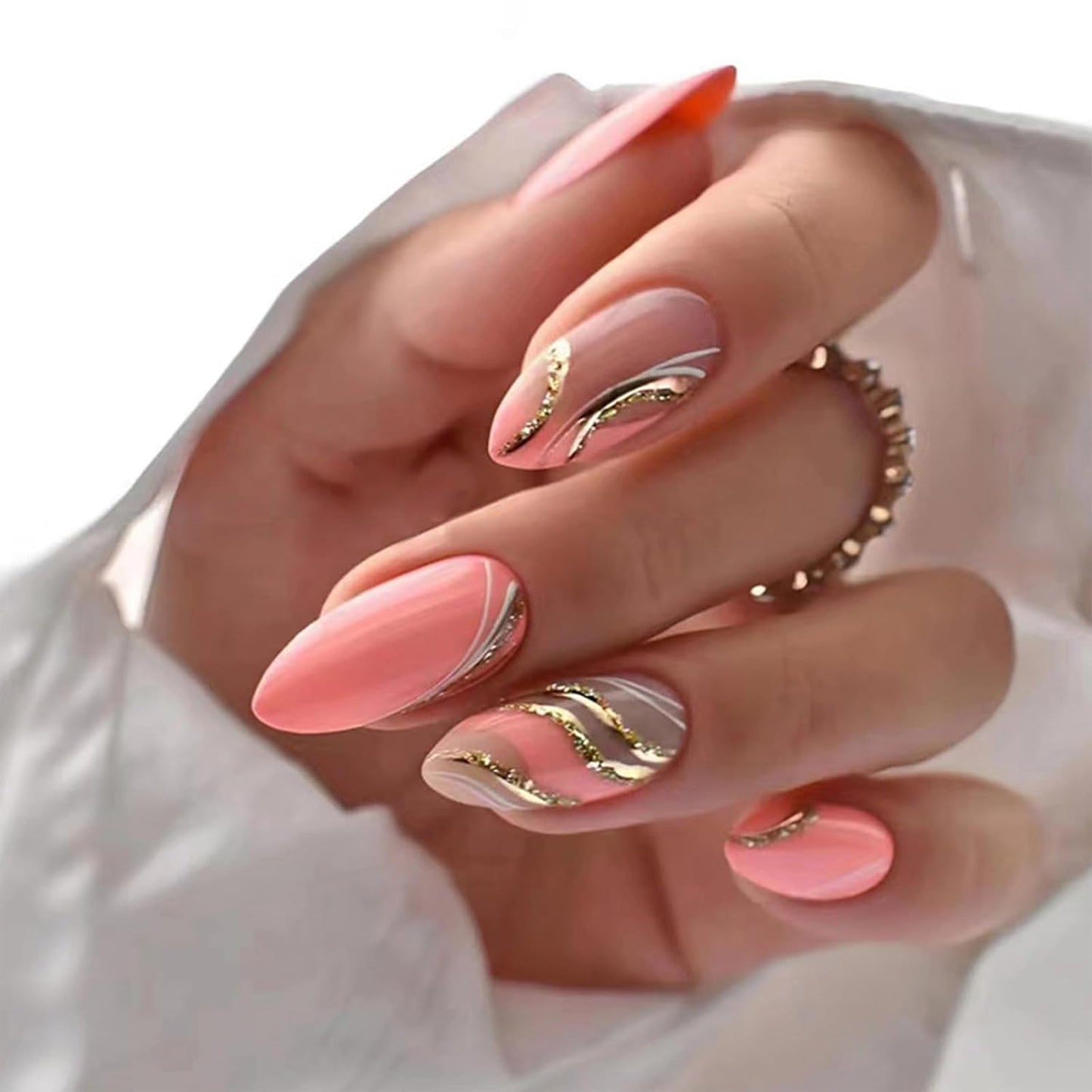Press On Nails - Orange Almond Shape with Gold Glitter Swirl | 24 Pcs Acrylic Fake Nails for Women