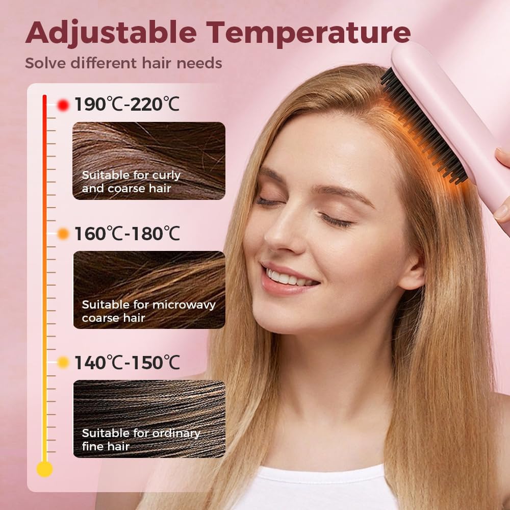 Portable Hair Straightener Brush - Cordless Ionic Comb for Short Hair | MCH Heating, 4 Temp Settings (Pink)