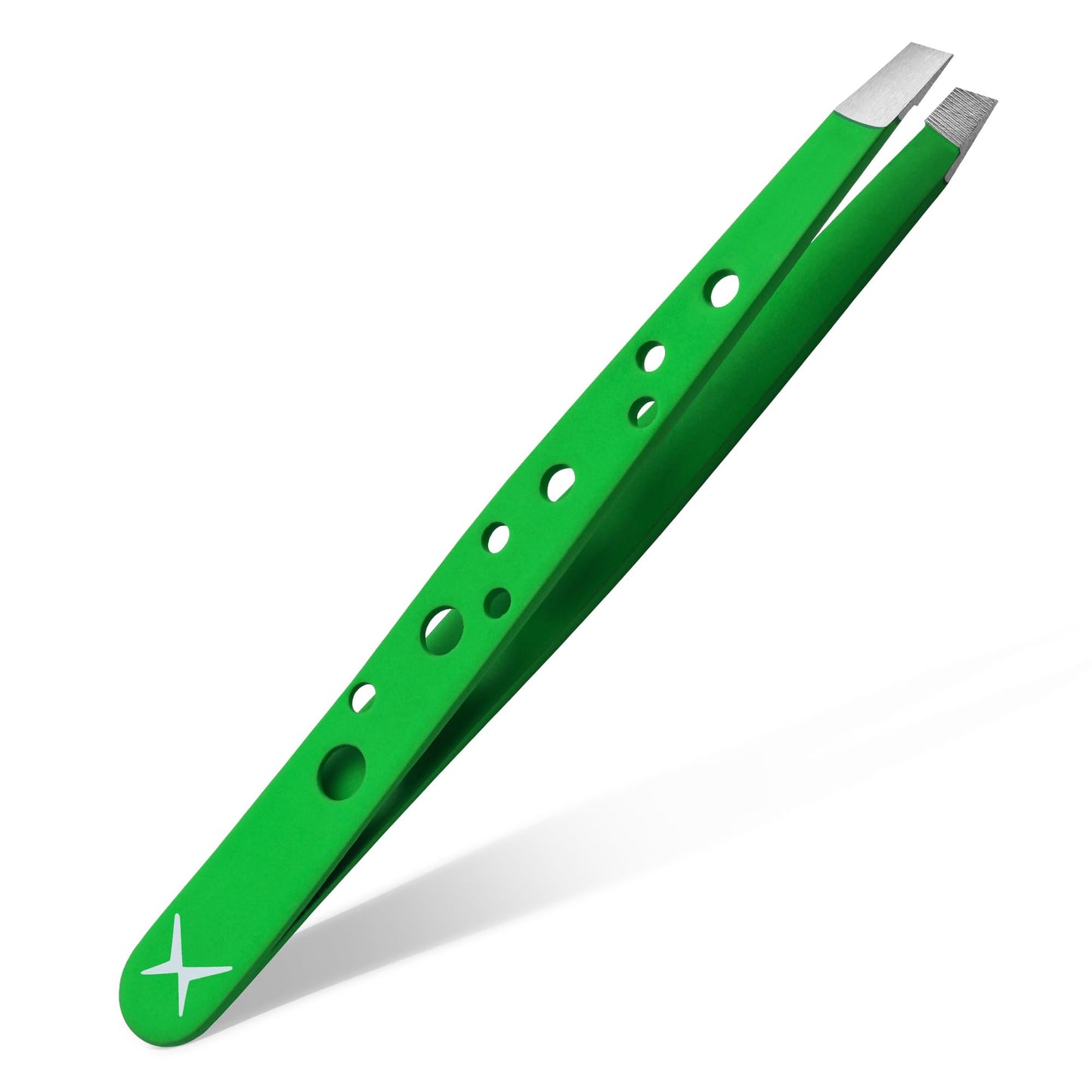 Precision Eyebrow Tweezers – Hand Finished Japanese Stainless Steel, Perfect Alignment, Slant Tip for Fine Hair, 9-Hole Grip, Unique Colors (Green Glow)