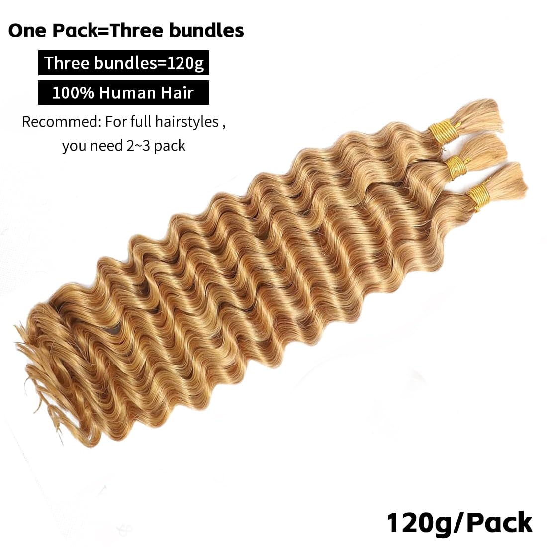 27 Blonde Boho Human Braiding Hair 120g Curly for Boho Braids Bohemian 100% Human Hair for Braiding Wet and Wave Deep Wave Bulk Human Hair for Boho Knotless Braids No Weft 3 Bundles 16 Inch