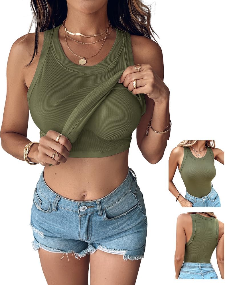 Women’s Built-In Bra Tank Top - Sleeveless Racerback Ribbed Fitted Shirt | Casual Style