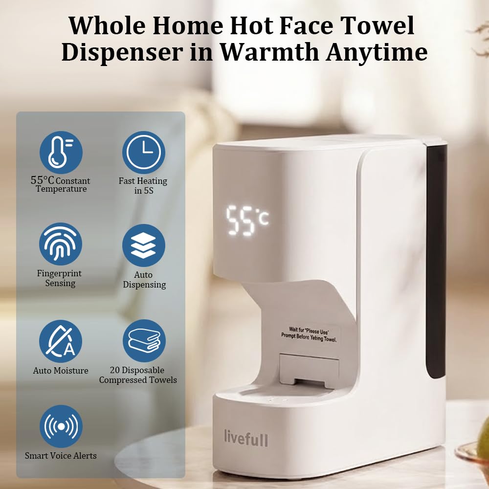 Towel Warmer Machine - Hot Face Towel Heater with Smart Voice Alerts | 55°C Constant Temperature, 20 Compressed Towels, White