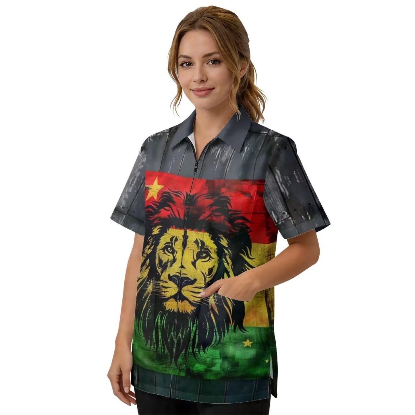 Srengjodk Waterproof Hairdresser Apron, Multiple Pockets Professional Salon Spa Hair Stylist Vest Cosmetology Apron Pet Groomer Work Clothes Jamaican Shirts Lion Print L 2XL