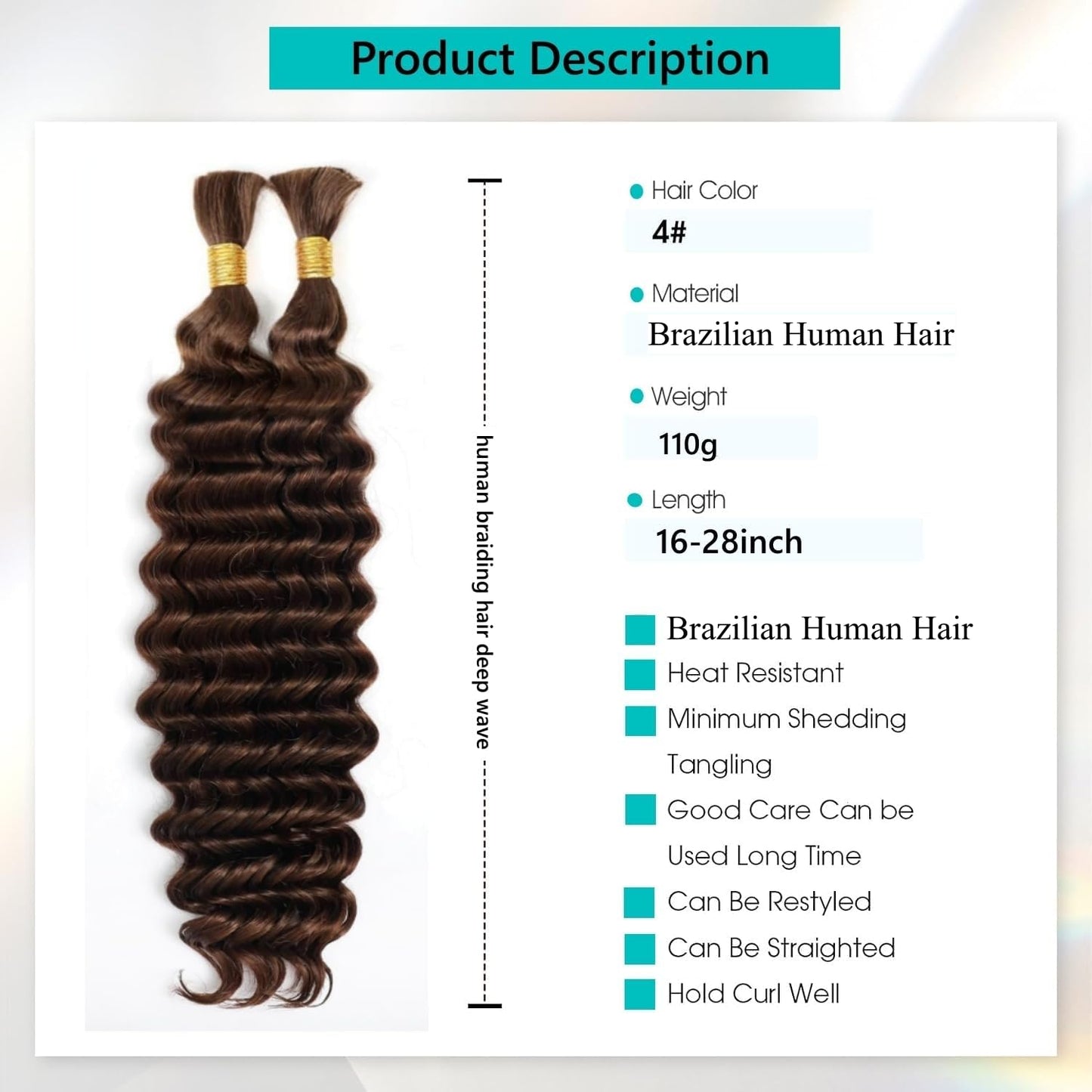 Chocolate Brown Human Braiding Hair - Deep Water Wave Extensions | 16 Inch Curly Bulk Hair, 110g, 2 Bundles