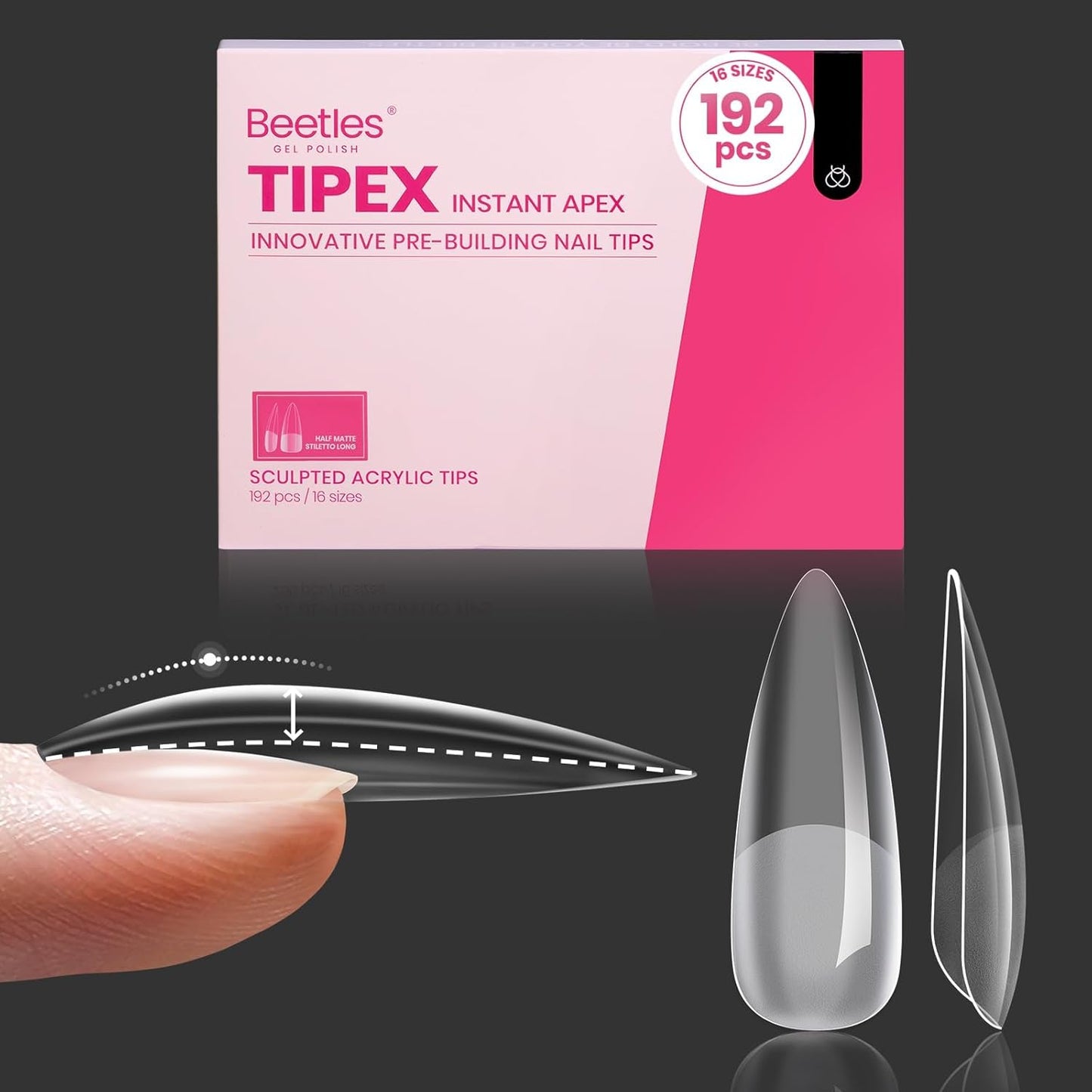 Apex Nail Tips - Stiletto Shape | 192 Pcs Pre-Etched Acrylic in 16 Sizes