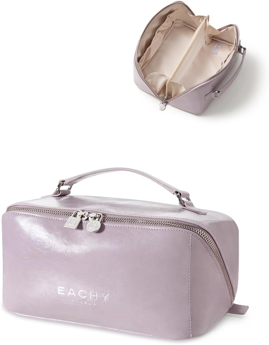 Travel Makeup Bag - Large Capacity Waterproof PU Leather Cosmetic Organizer | Flat Open Design for Skincare & Brushes