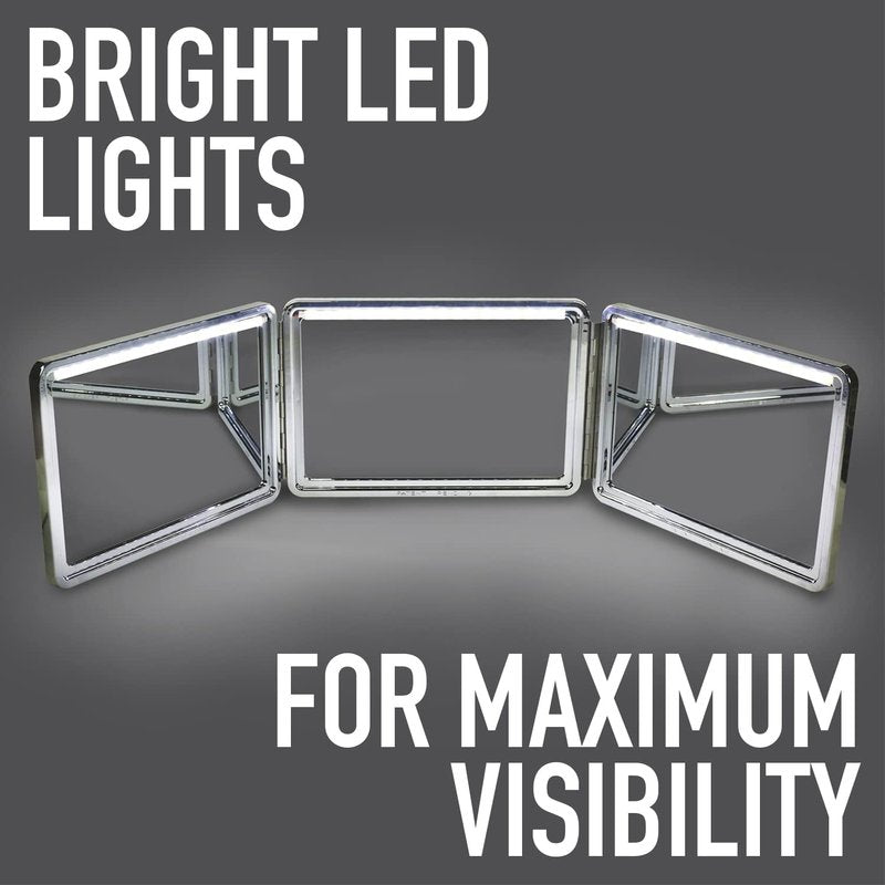 3-Way Mirror Self-Cut System - 360° Portable Trifold Mirror with Rechargeable LED Lights | Adjustable Hooks, Foldable Design, Black