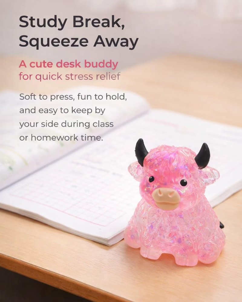 Glitter Highland Cow Squishies Fidget Toy, Soft Slow Rising Stress Relief Ball, Cute Sensory Squeeze Toy for Adults & Kids, Anxiety Relief Desk Decor, Easter Basket Stuffer for Cow Lovers (Blue)