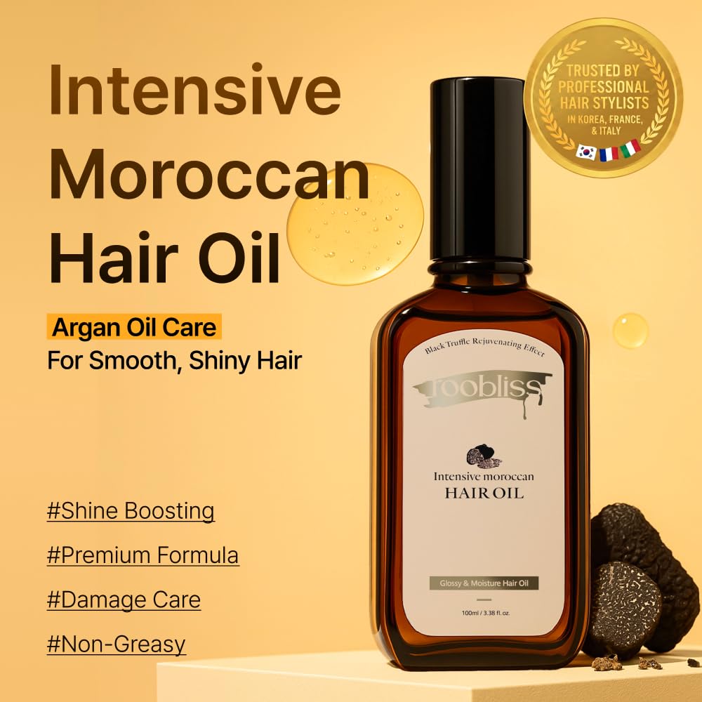 ROOBLISS Intensive Moroccan Hair Oil, Organic Argan Oil with Black Truffle for Shine & Frizz Control, Heat Protectant Hair Serum for Dry & Damaged Hair, Korean Hair Care (3.38 Fl Oz / 100ml)