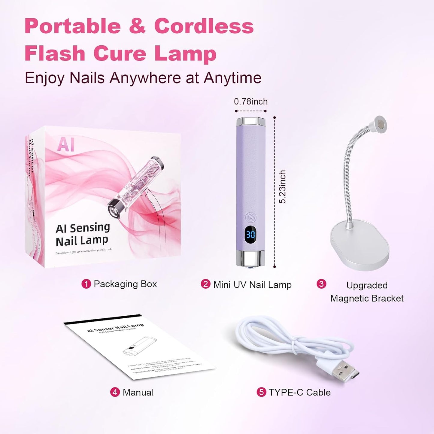 Handheld Mini Nail Lamp - Portable UV Light with Magnetic Stand & Smart Sensor | Fast Curing Gel Nails (Purple)