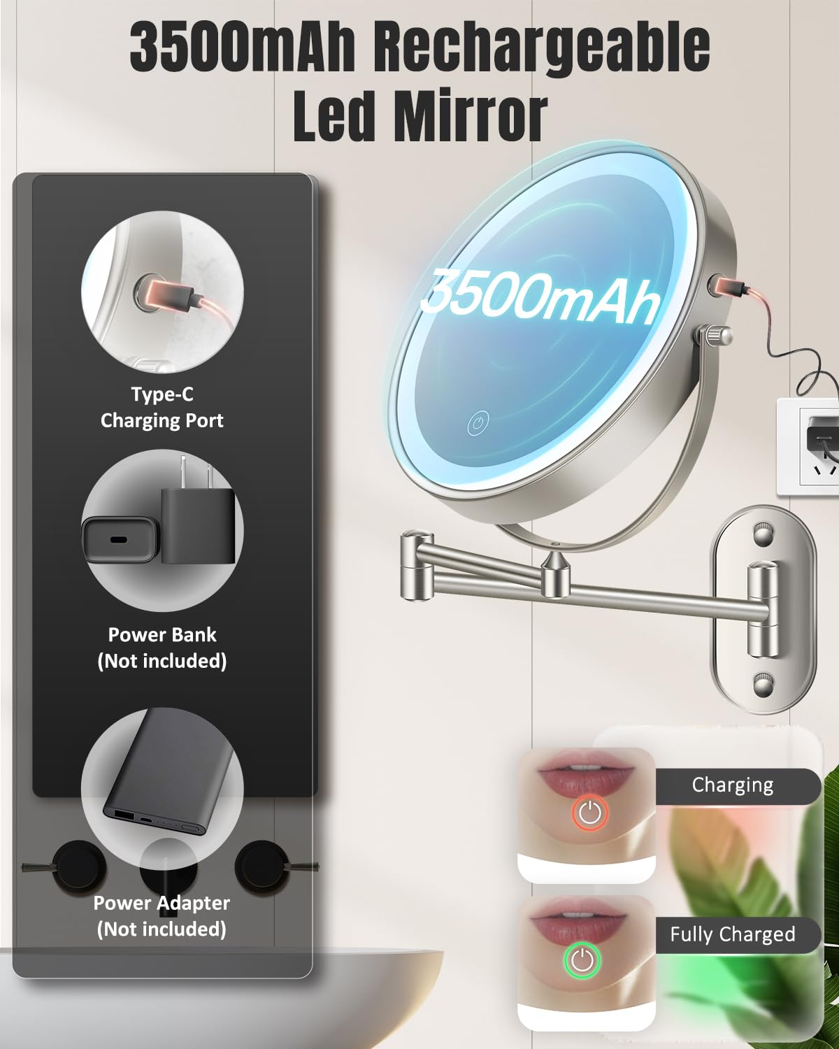 30X/1X Wall Mounted Lighted Makeup Mirror, 8'' Double Sided Rechargeable Magnifying Bathroom Mirror with Light, 3 Color Lights Touch Dimmable Extended Arm 360 Rotation Light up Mirrors