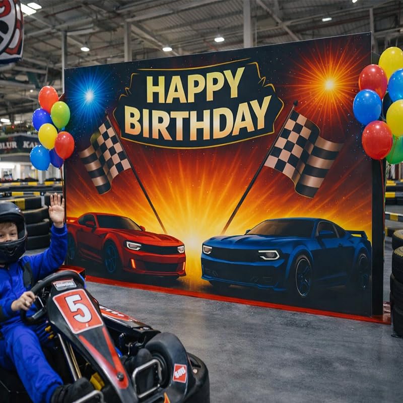 Racing Car Birthday Banner 71x43 Inch - Boys Party Backdrop