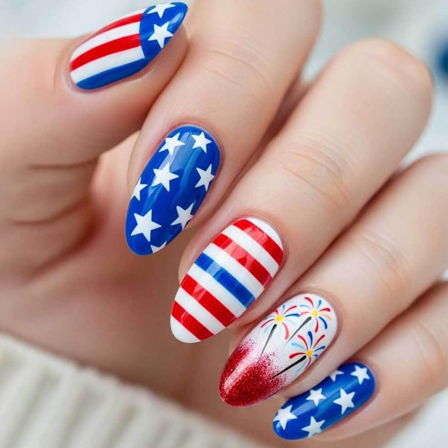 24Pcs 4th of July Press-On Nails - Medium Square Red, Blue & White Glitter Designs | Reusable Patriotic Acrylic Nails for Women