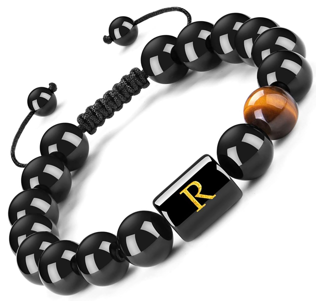 FRG Initials Bracelets Gifts for Men Letter Link Handmade Natural Black Onyx Tiger Eye Stone Beads Braided Rope Meaningful Bracelet Gifts for Son Grandson Husband Boyfriend Brother