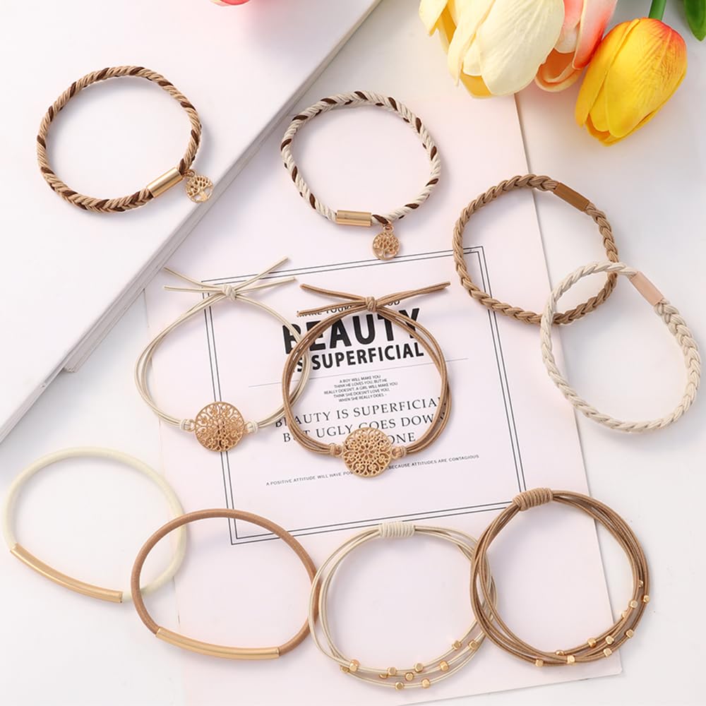 10PCS Hair Ties Bracelet Set - Soft Braided Boho Elastic Hair Bands for Women | Beige & Light Coffee