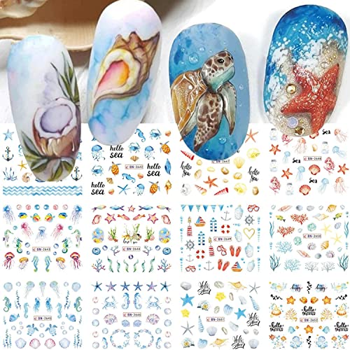 Ocean Summer Nail Art Stickers 12 Sheets for Women & Girls - Marine Water Design