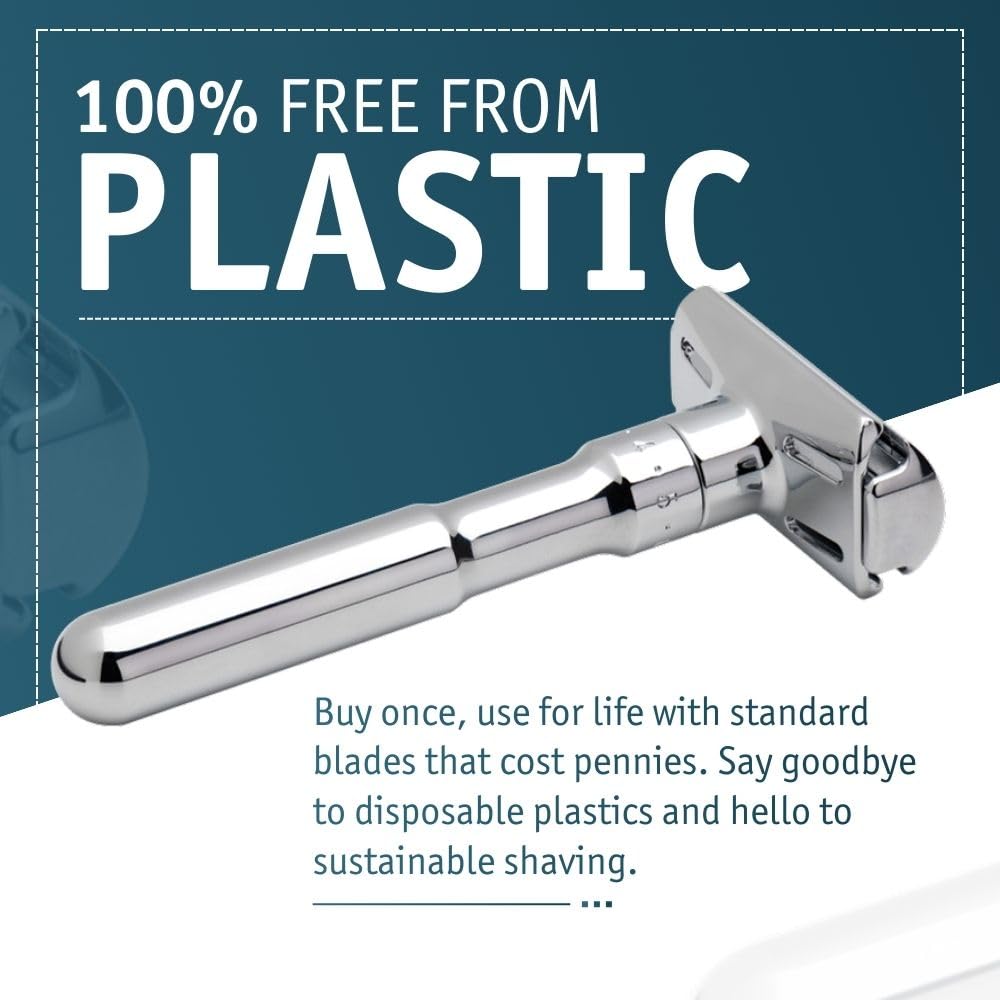 MERKUR FUTUR 701 Adjustable Double Edge Safety Razor - Bright Chrome | Adjustable Razor With Dial | Made in Germany | Plastic-Free | Snap-On Cap Design | Straight Bar