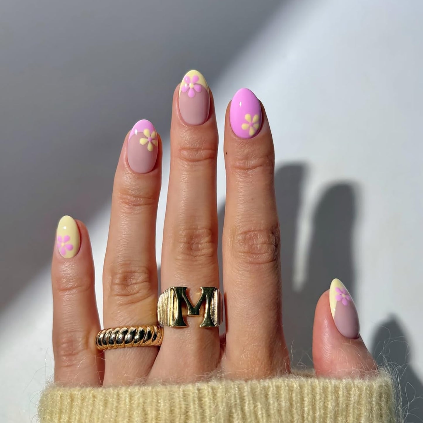 Short Press-On Almond Fake Nails - Rose Pink Acrylic with Glossy Stripe Designs | Reusable Full Cover Nails for Women